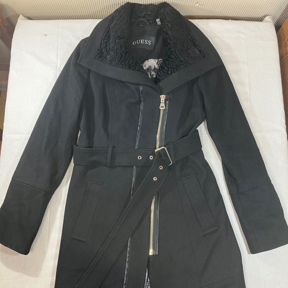 Guess Womens Black Wool Blend Asymmetrical Zip Belted Trench Coat Faux Fur Sz S